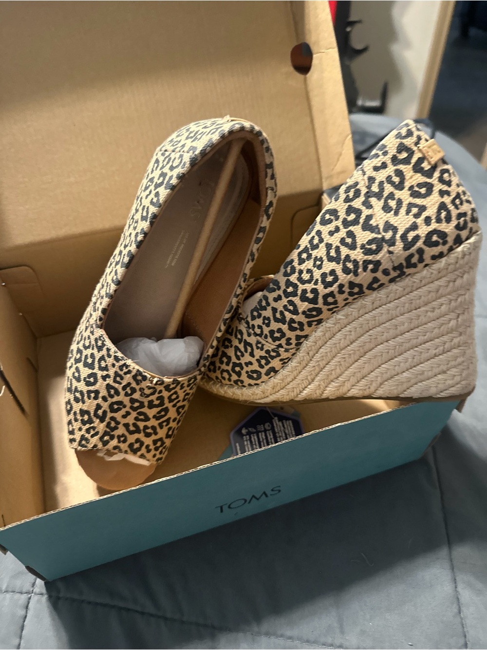 Toms Leopard Print Espadrille Wedge in Tan and Black